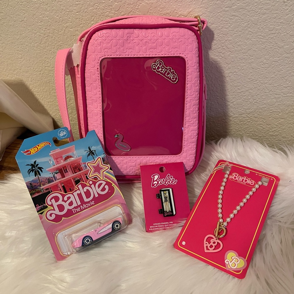 Barbie the Movie Pin Display Crossbody Bag, Barbie the Movie Necklace, Corvette